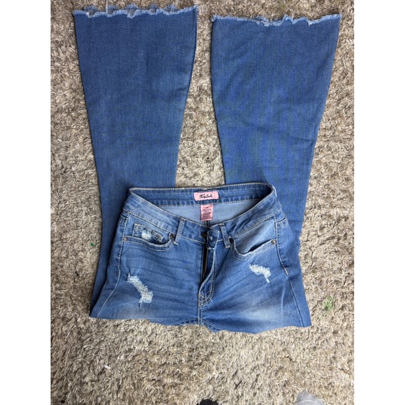 True Luck Denim - True Luck Womens Distressed Flare Jeans Medium Wash Scallop Raw Hem Size 7/8